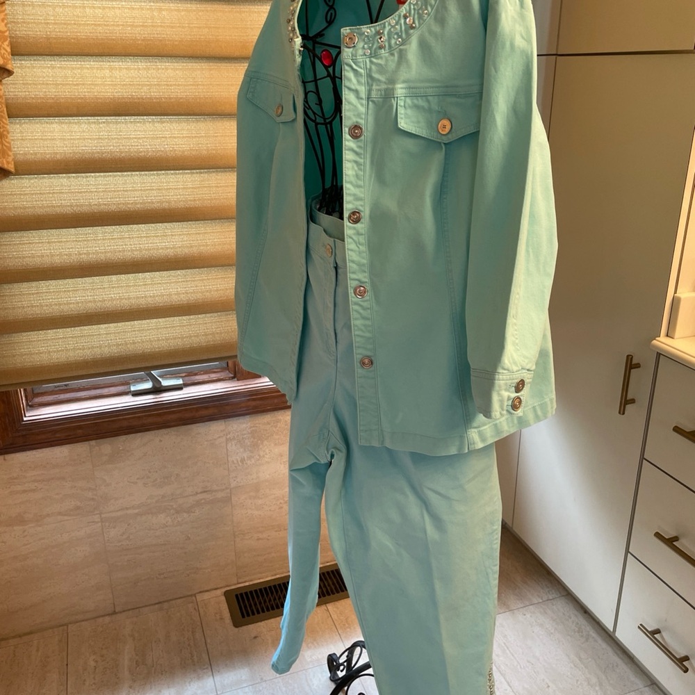 HEARTS of PALM Woman Mint Green Suit JACKET Sz 16W/Pants Sz 18W Beaded accents - Picture 5 of 16